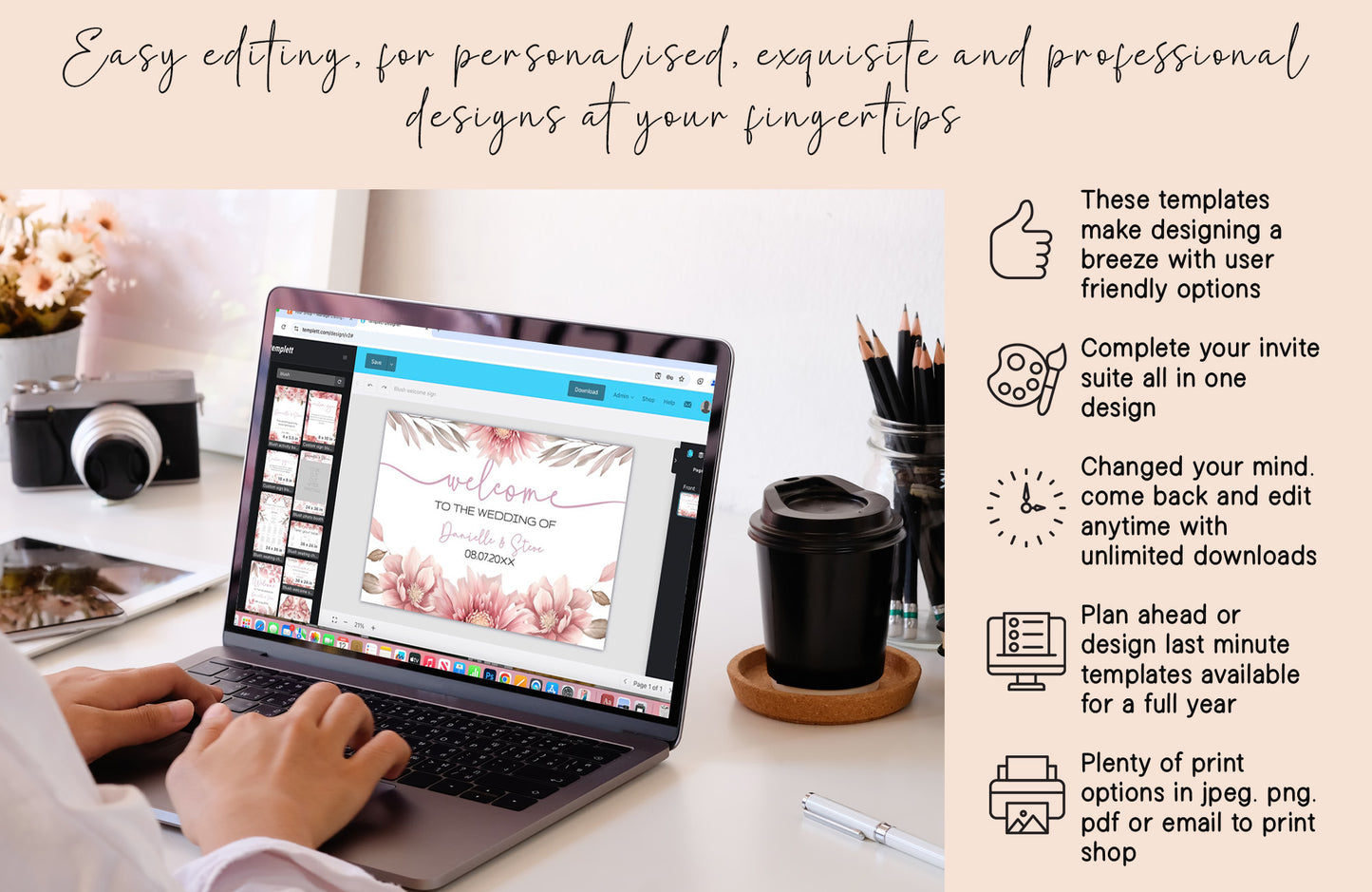 Blush Pink Floral Wedding Sign Template Bundle (Editable)