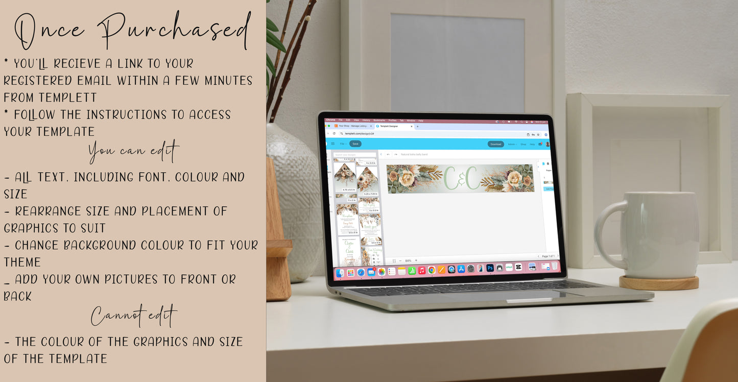 Natural Boho Large Wedding Invitation Suite | Rustic flower & Feather Design | RSVP, Menu, Program, Belly Band + More | Instant Download