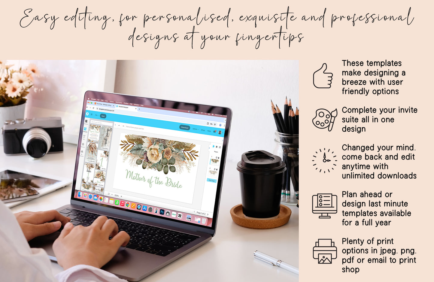 Rustic Boho Wedding Sign Set: Cream Floral & Feather Design (Instant Download, Editable Templates 7x )