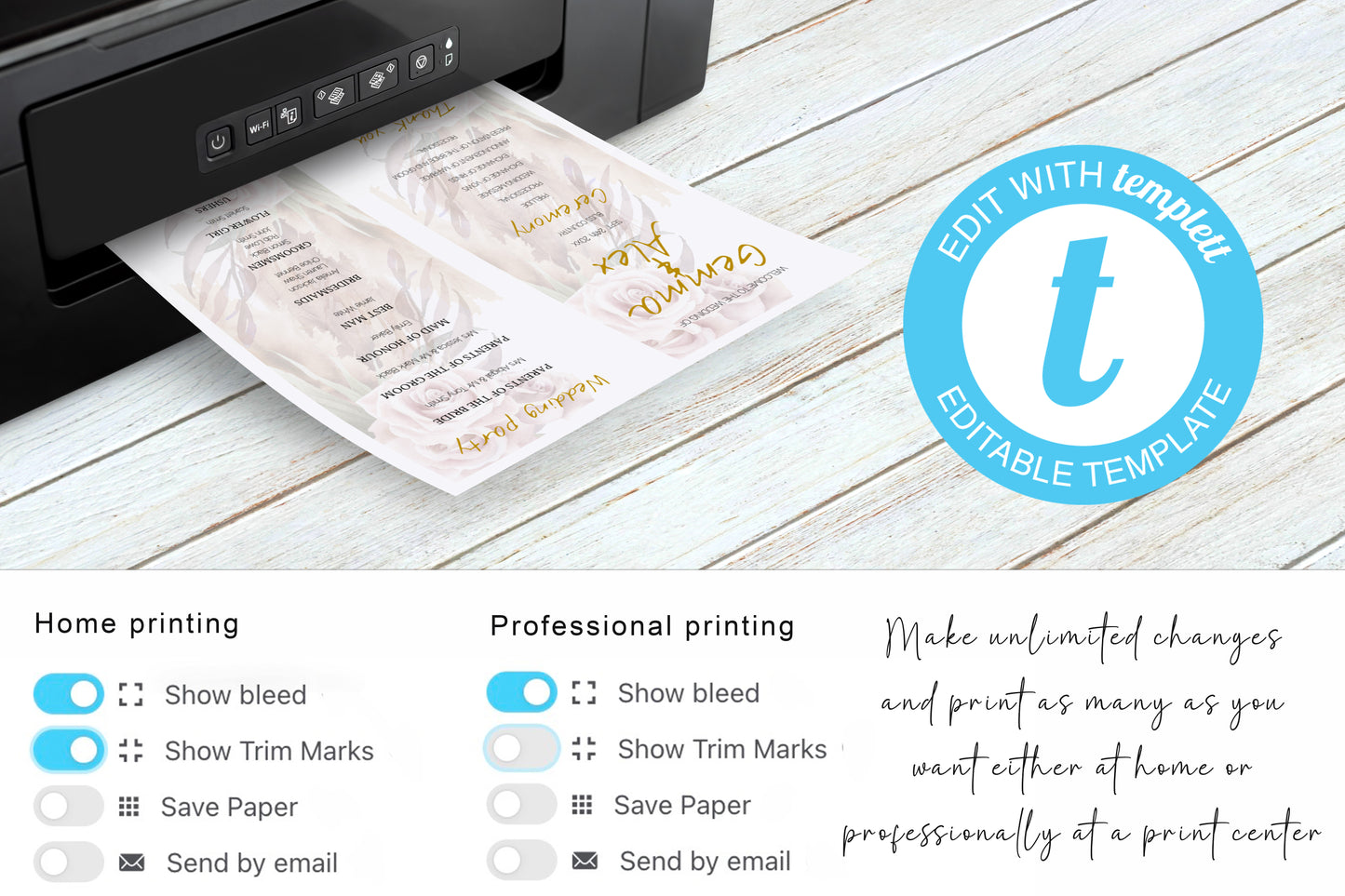 Boho Wedding Invitation Suite | Pink Rose & Feather Design | 15x editable designs RSVP, Menu, Program, Belly Band + More | Instant Download