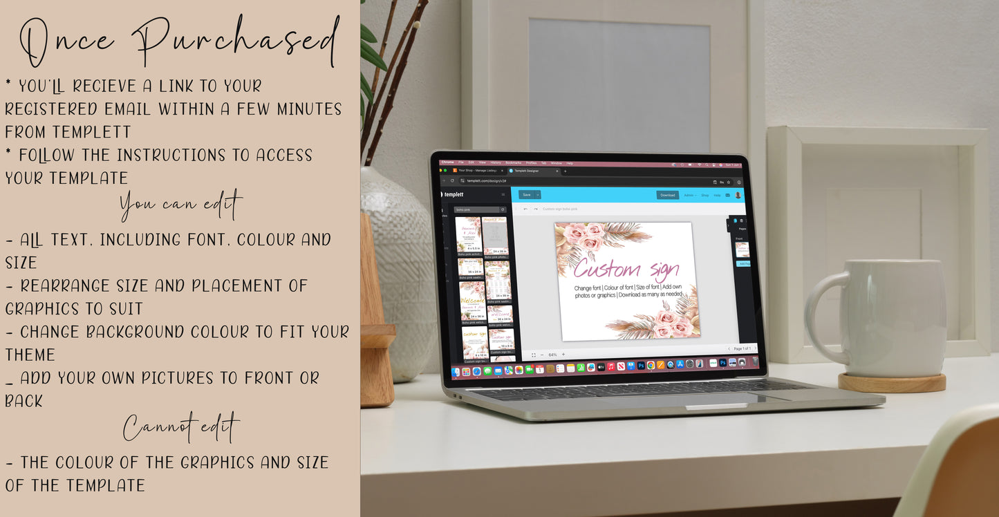 Boho Wedding Sign Set: Pink Rose & Feather Theme (Instant Download, Editable Templates 7x )