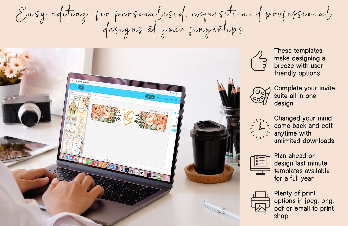 Orange Peach Flowers large Wedding Invitation Suite - 15x Editable Templates
