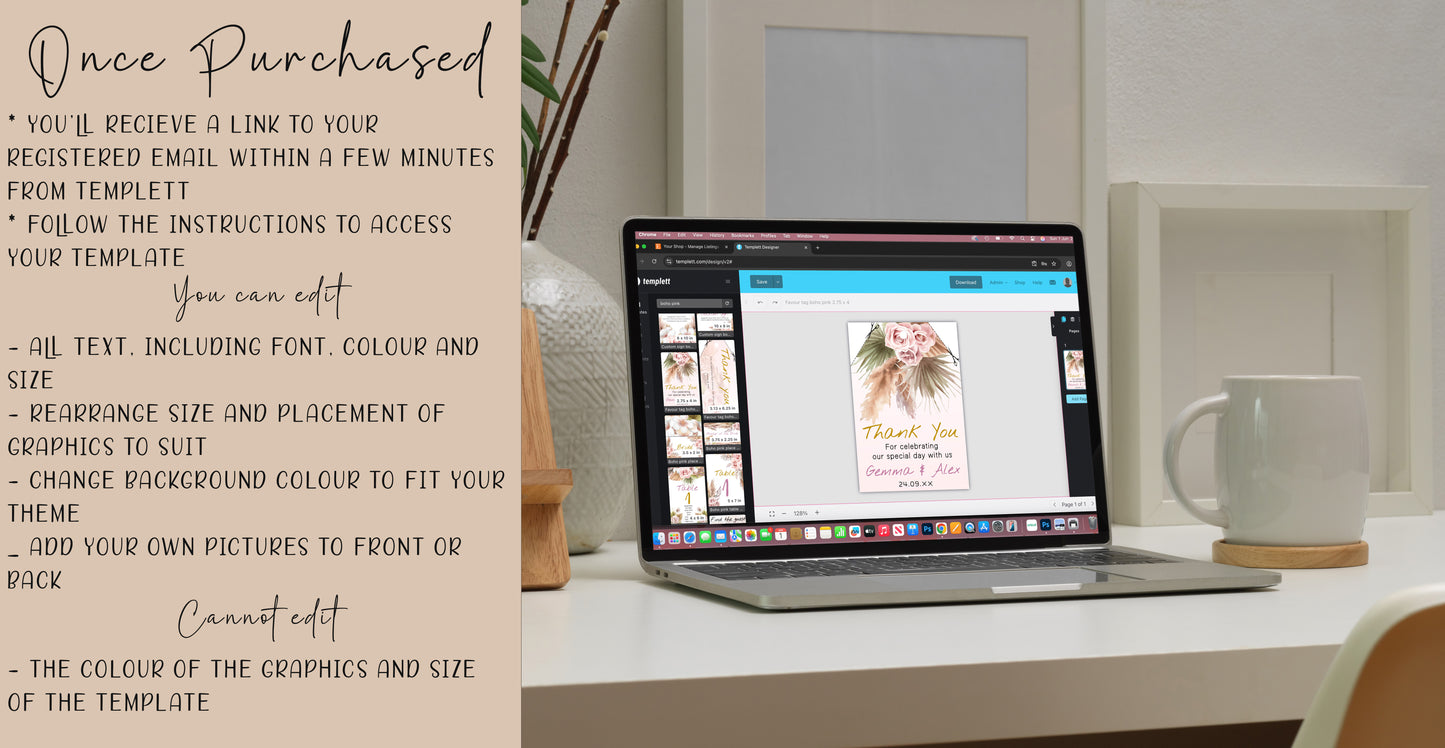 Bohemian Wedding Table and Gift Sign Set: Editable Pink Rose & Feather Design (Digital Download)