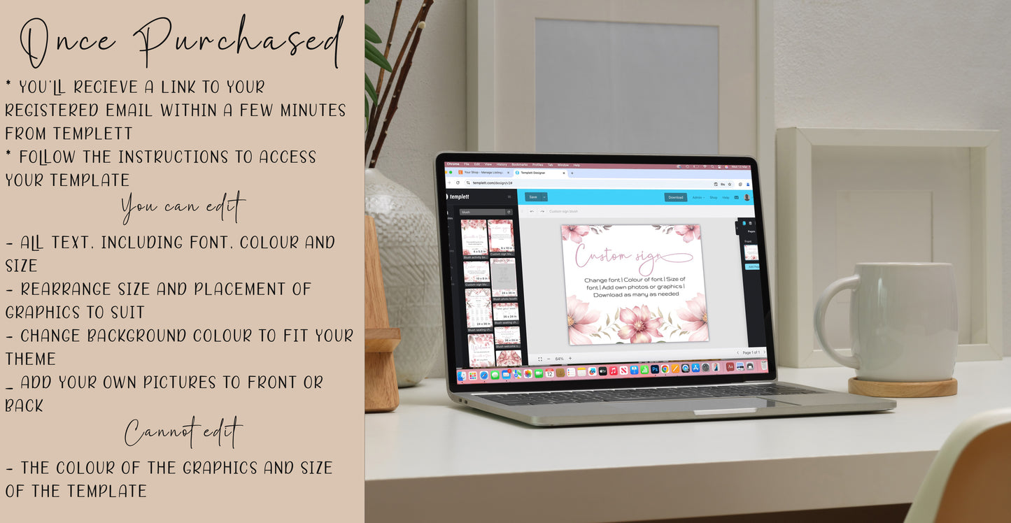 Blush Pink Floral Wedding Sign Template Bundle (Editable)