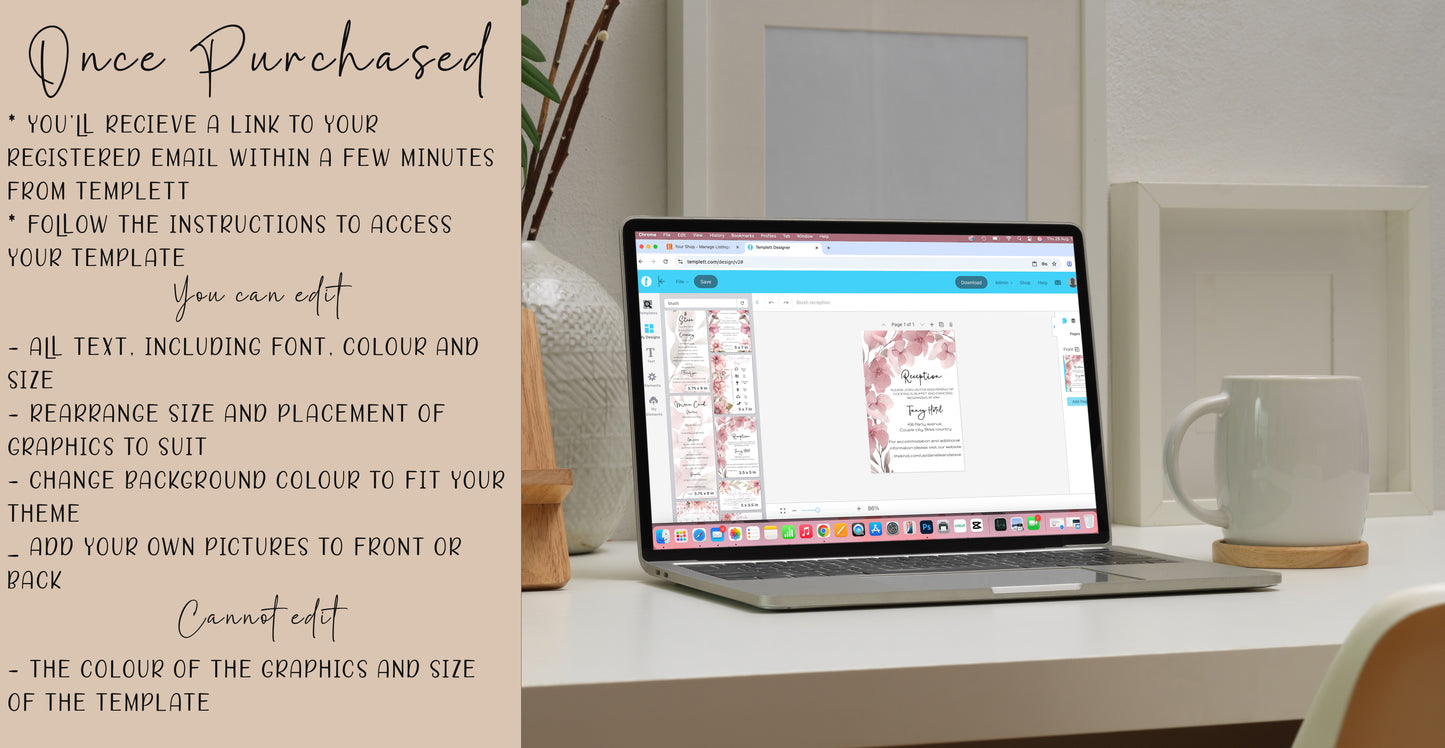 Blush Pink Floral Wedding Invitation Suite: Editable Template