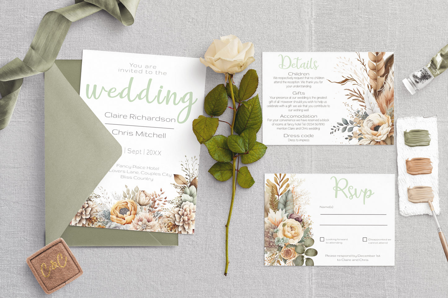 Boho Blooms Wedding Invitation Suite - Editable Template. Rustic Elegance with Bohemian florals and golden feathers - invite, rsvp, details