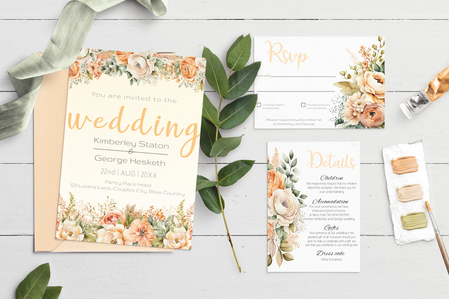 Elegant Peach Flowers Wedding Invitation Suite - Editable Template, Create Your Dream Wedding Invitations with Ease!