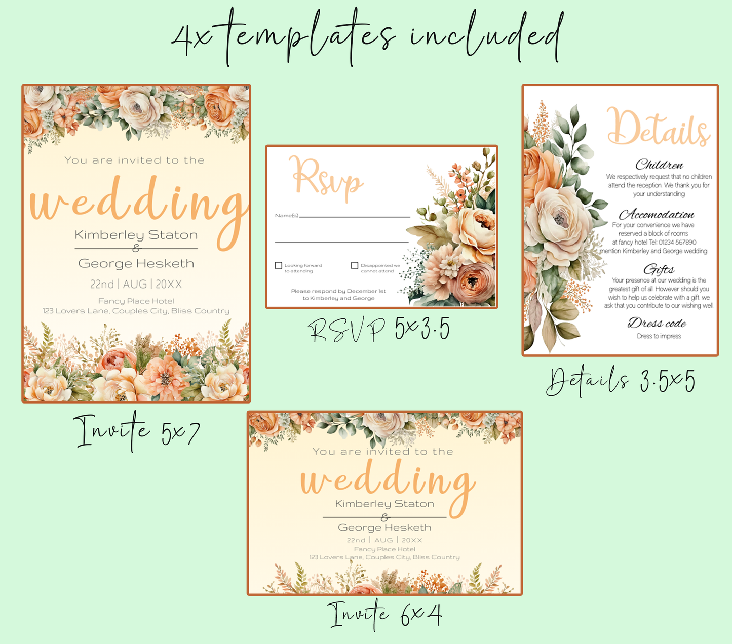 Elegant Peach Flowers Wedding Invitation Suite - Editable Template, Create Your Dream Wedding Invitations with Ease!