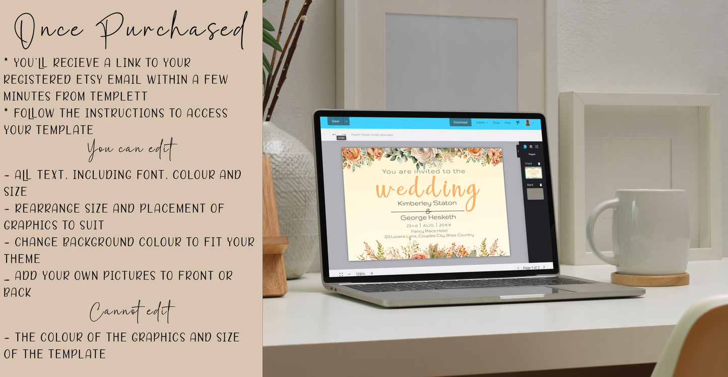 Elegant Peach Flowers Wedding Invitation Suite - Editable Template, Create Your Dream Wedding Invitations with Ease!