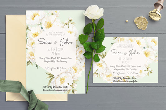 White Peony Wedding Invitation Suite - Editable Template. Crisp white flowers on refreshing mint background - invite, rsvp and details cards