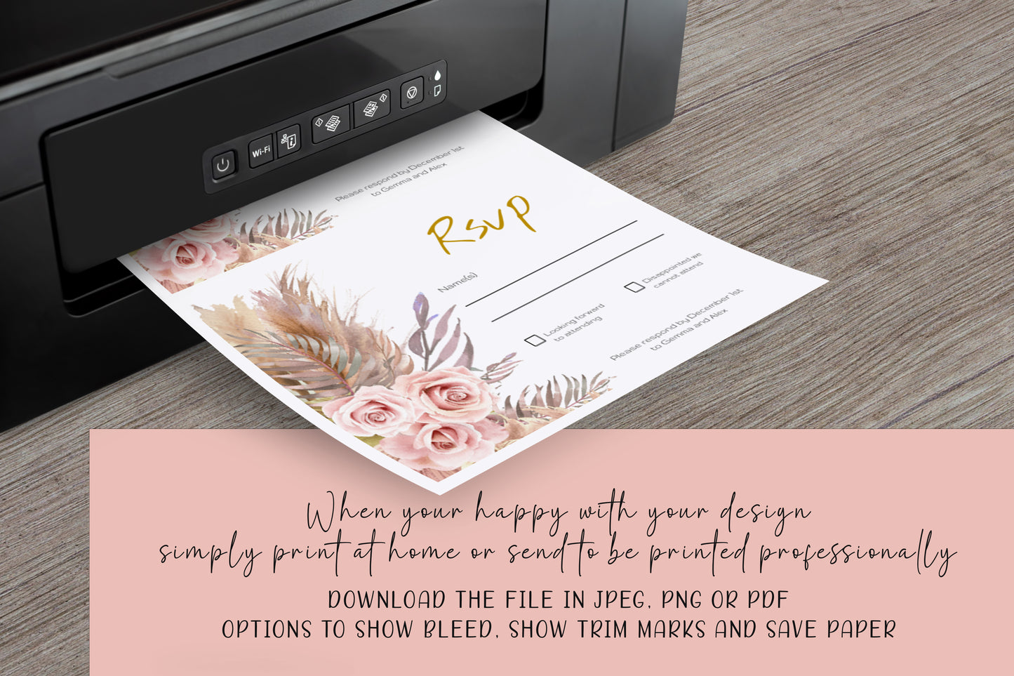 Pink Bohemian Wedding Invitation Suite - Editable Template. With shades of delicate pink, cream and beige - invite, rsvp and details cards