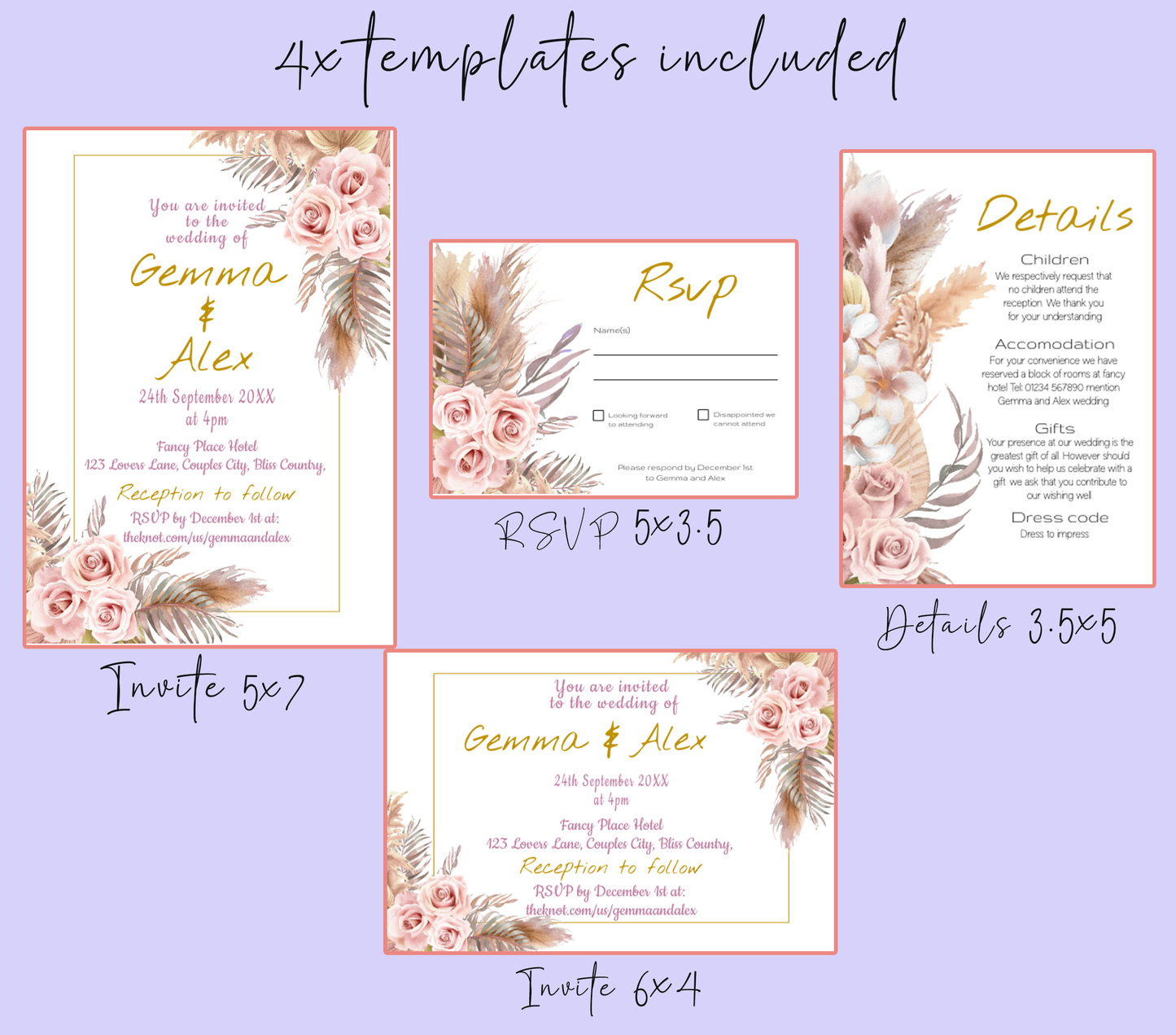 Pink Bohemian Wedding Invitation Suite - Editable Template. With shades of delicate pink, cream and beige - invite, rsvp and details cards