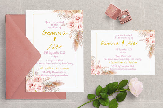 Pink Bohemian Wedding Invitation Suite - Editable Template. With shades of delicate pink, cream and beige - invite, rsvp and details cards