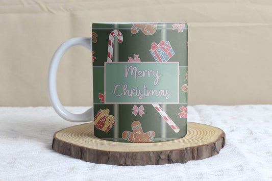 Personalised Plaid Christmas Mug | Festive Hand-Drawn Design | Custom Name on 11oz Ceramic Mug | illustrations of gingerbread & candy canes.