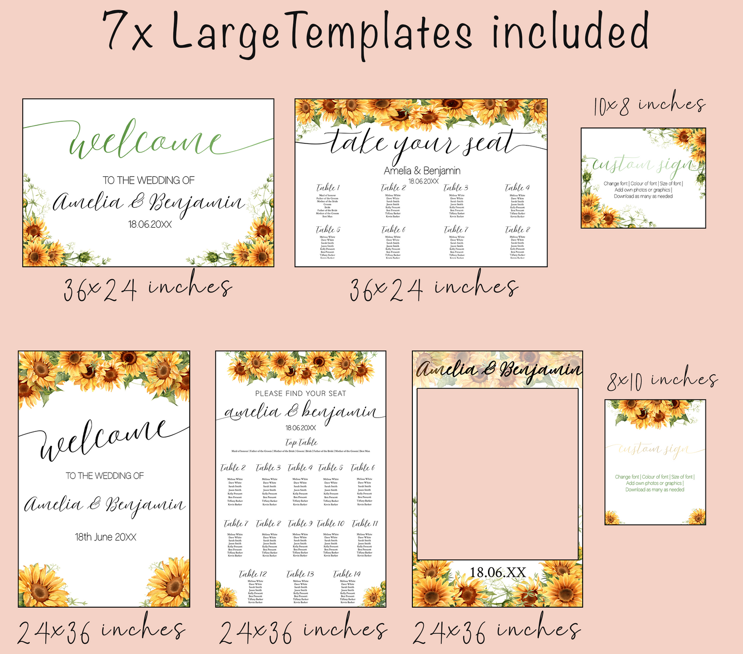 Wedding large sign template bundle with Bright Sunflowers  - 7x Editable Templates - Seating charts, welcome signs, photo booth frame