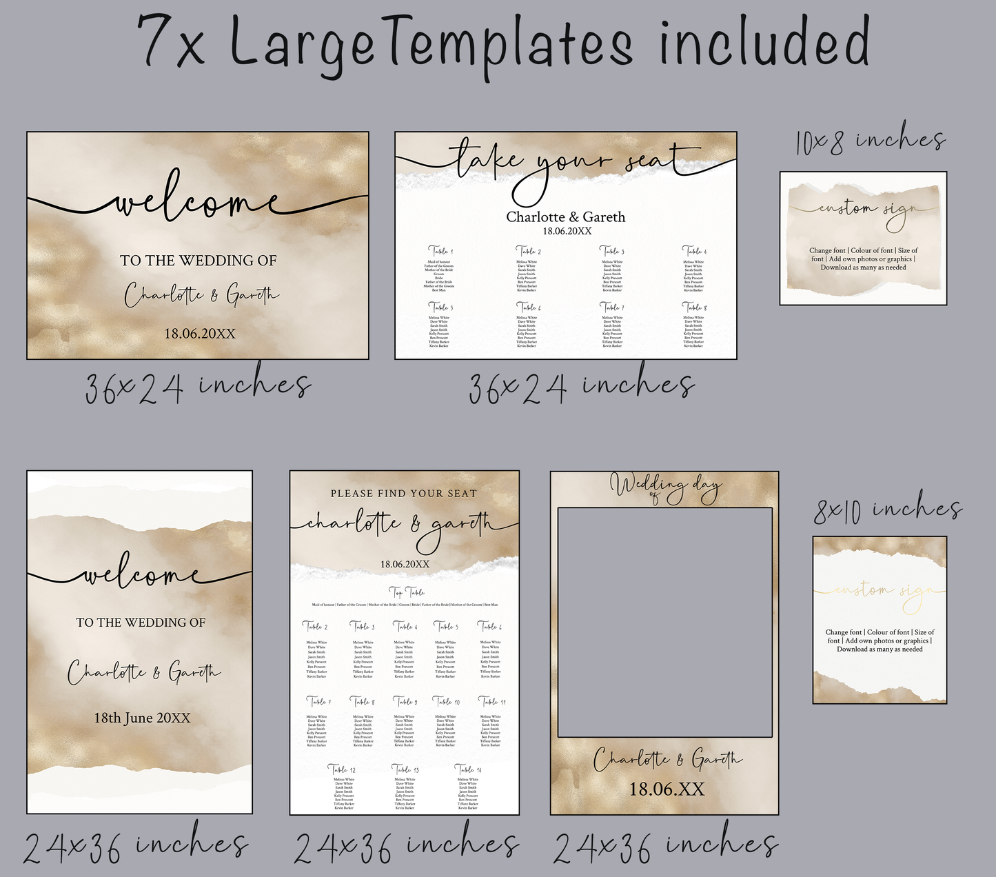 Wedding large sign template bundle in Golden Shimmer design - 7x Editable Templates - Seating charts, welcome signs, photo booth frame