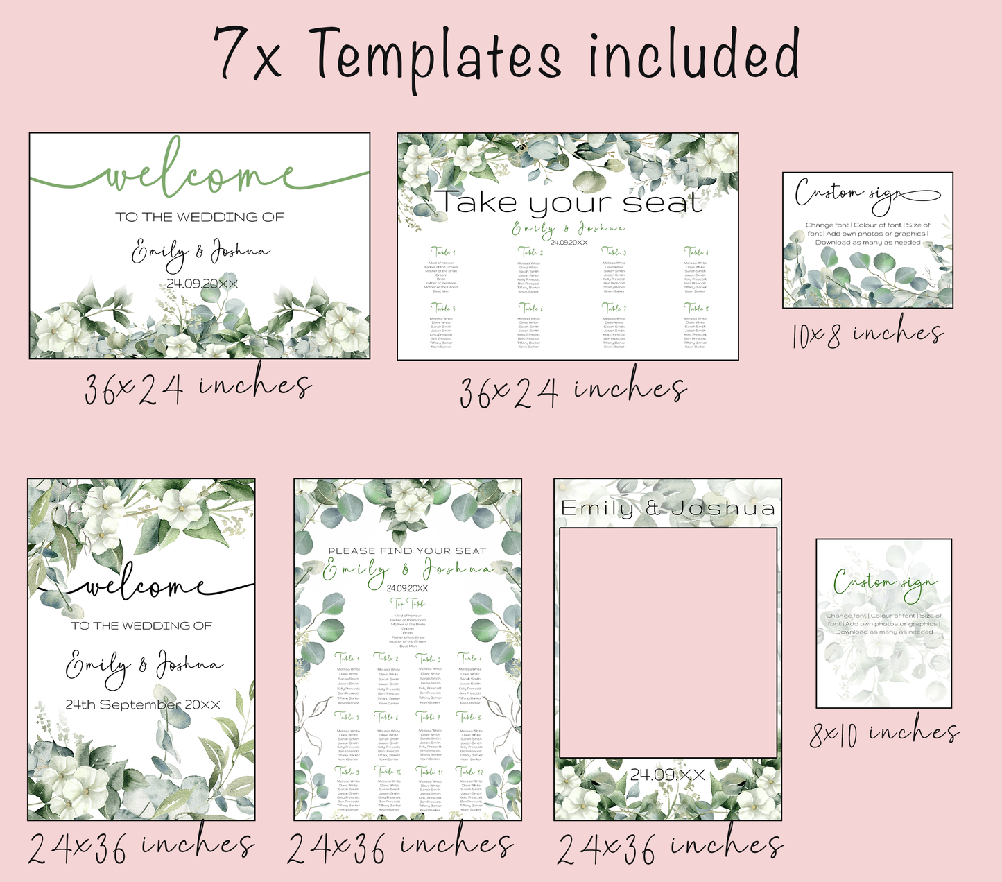 Eucalyptus Wedding large sign template bundle  - 7x Editable Greenery Templates - Seating charts, welcome signs, photo booth frame