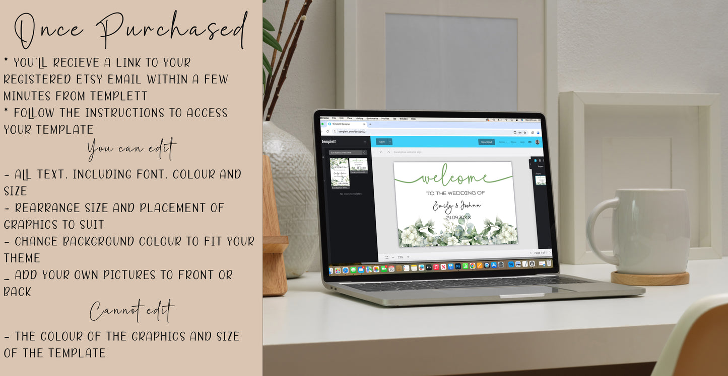 Eucalyptus Wedding large sign template bundle  - 7x Editable Greenery Templates - Seating charts, welcome signs, photo booth frame