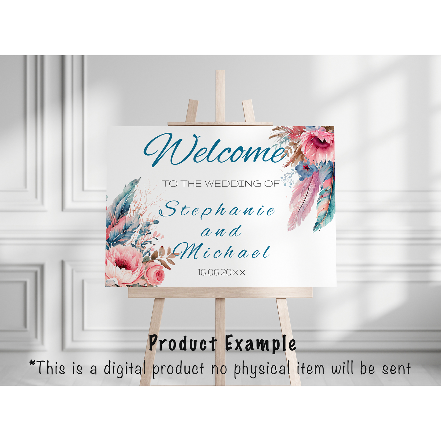 Bright feather and floral Wedding large sign template bundle  - 7x Editable Templates - Seating charts, welcome signs, photo booth frame