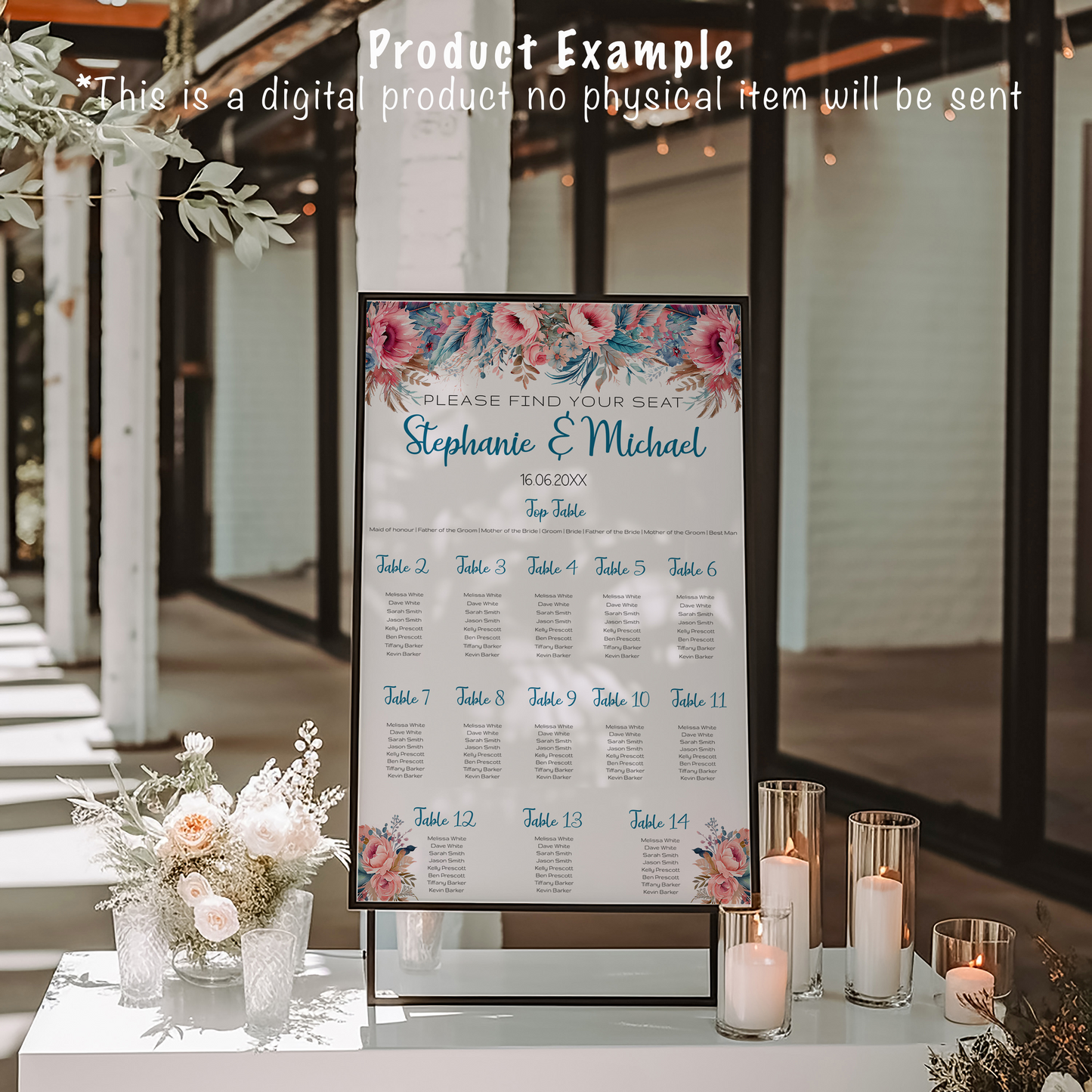 Bright feather and floral Wedding large sign template bundle  - 7x Editable Templates - Seating charts, welcome signs, photo booth frame