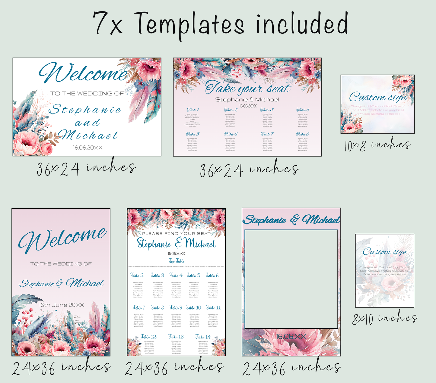 Bright feather and floral Wedding large sign template bundle  - 7x Editable Templates - Seating charts, welcome signs, photo booth frame