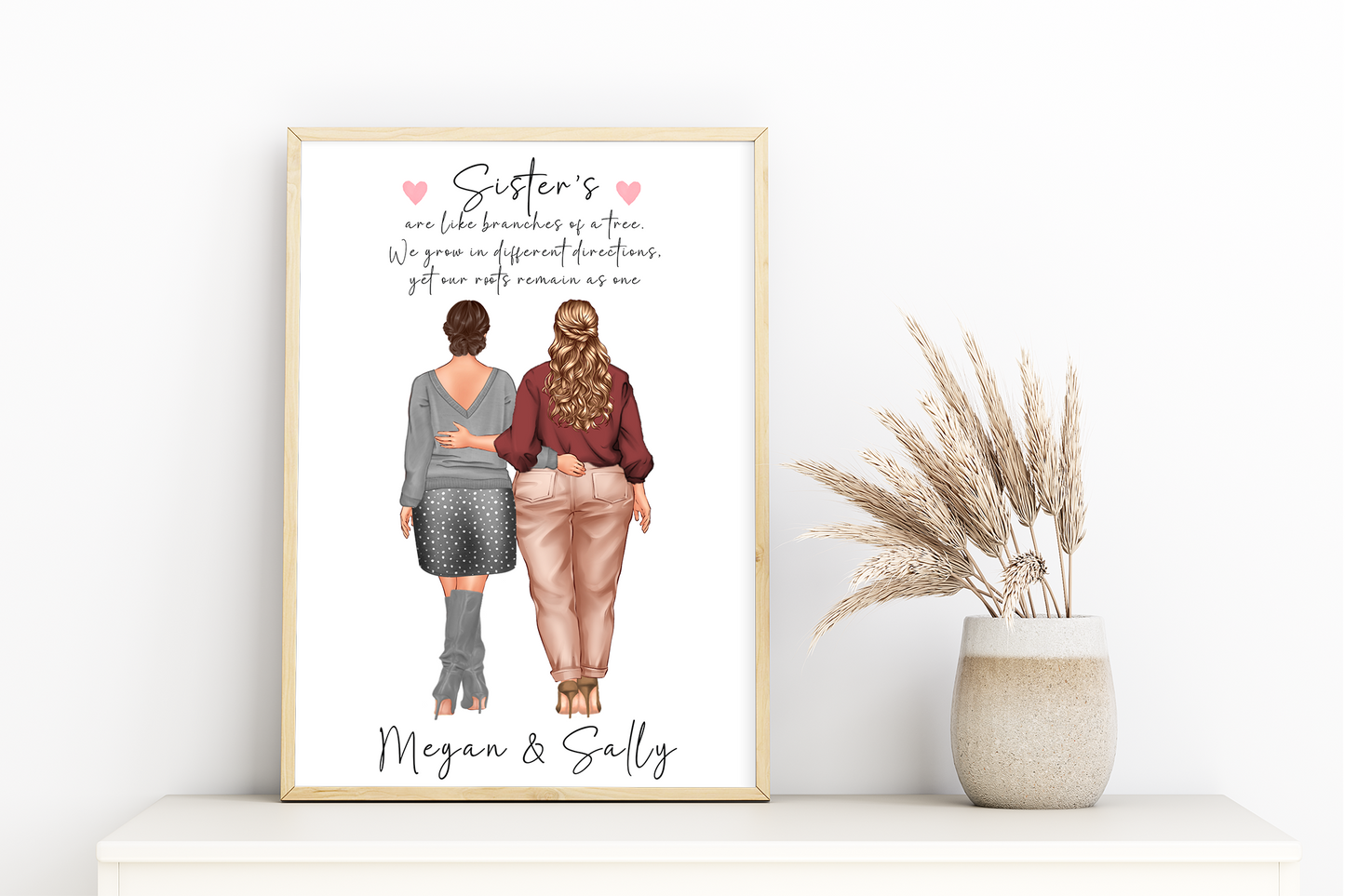 Personalised Sisters portrait, custom print of 2-4 siblings in a range of sizes and plenty of options to choose | A4 | A5 | Greeting card