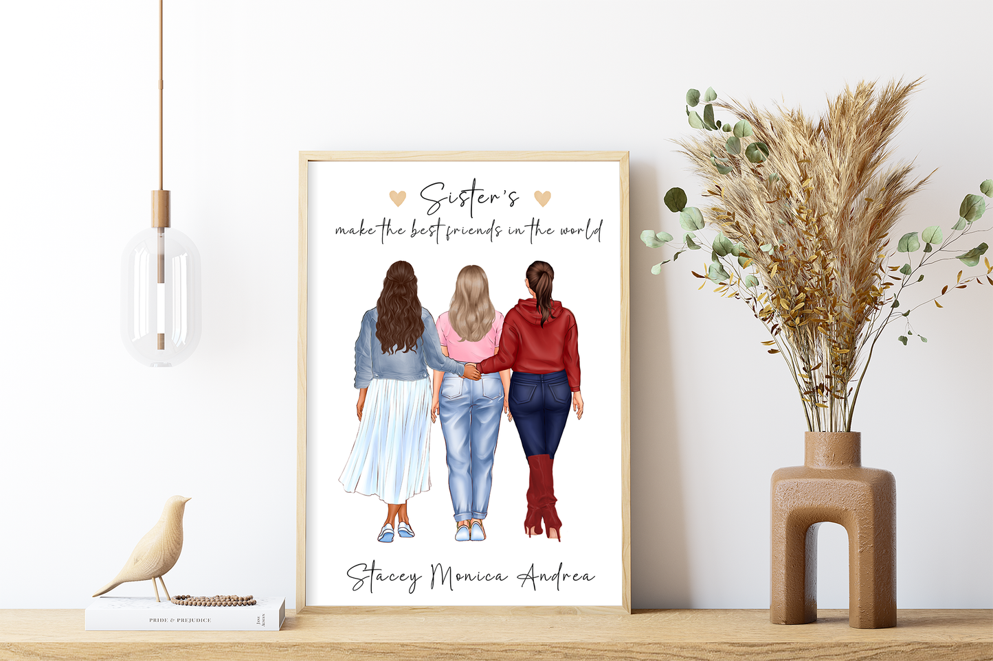 Personalised Sisters portrait, custom print of 2-4 siblings in a range of sizes and plenty of options to choose | A4 | A5 | Greeting card
