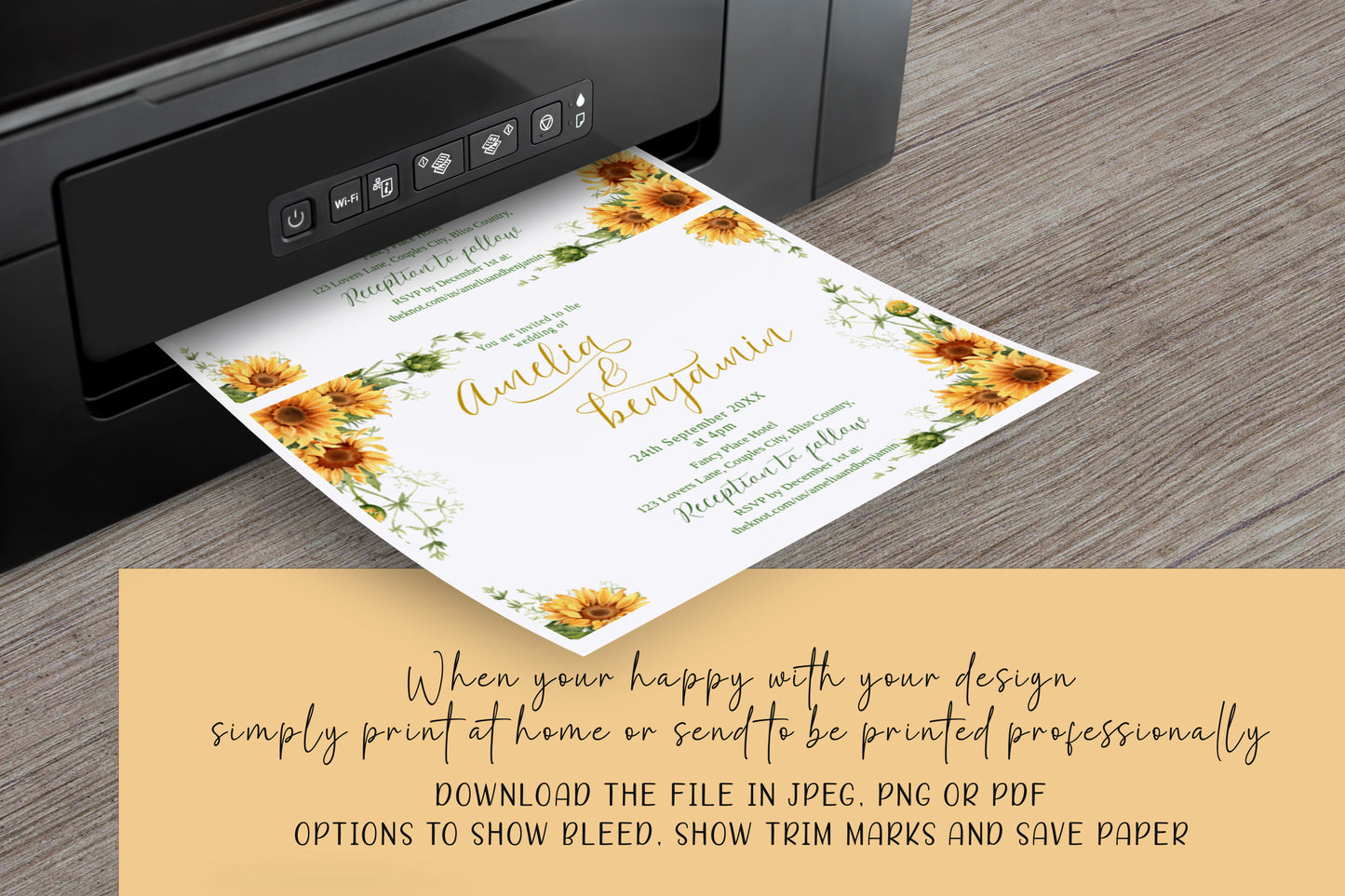 Bright Sunflower Wedding Invitation Suite - Editable Template. Sunshine yellow flowers hints of olive green - invite, rsvp and details cards