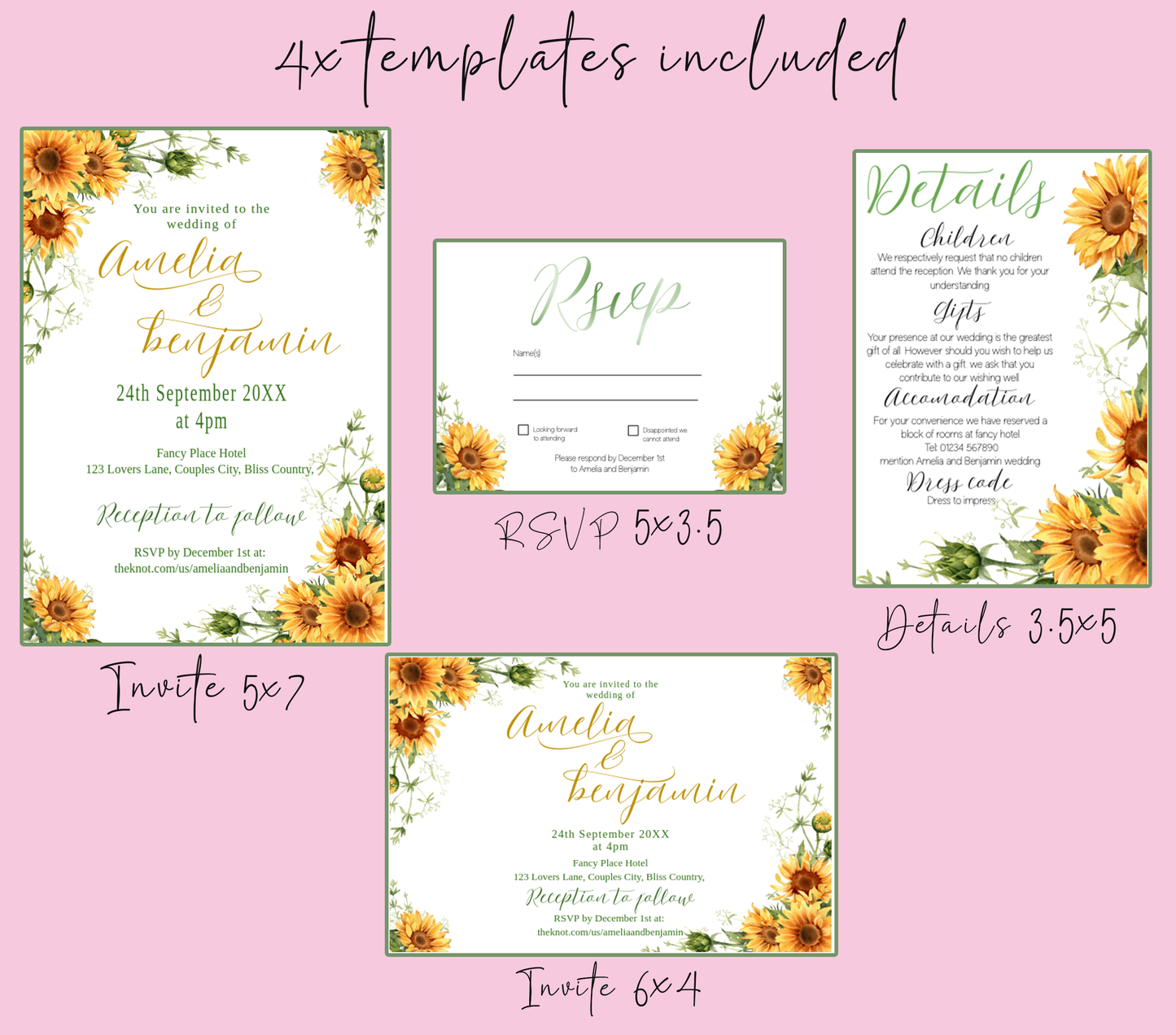 Bright Sunflower Wedding Invitation Suite - Editable Template. Sunshine yellow flowers hints of olive green - invite, rsvp and details cards