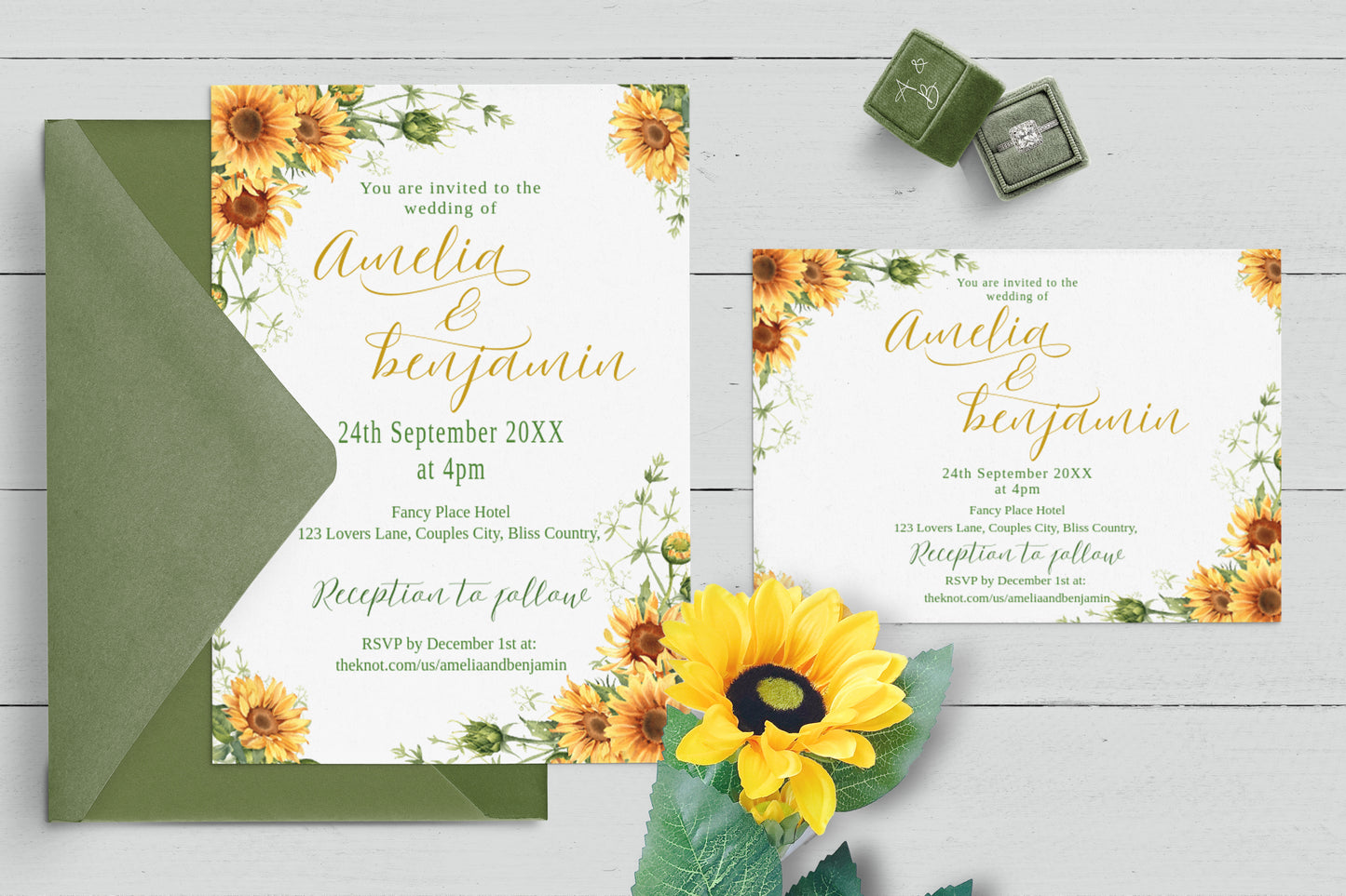 Bright Sunflower Wedding Invitation Suite - Editable Template. Sunshine yellow flowers hints of olive green - invite, rsvp and details cards