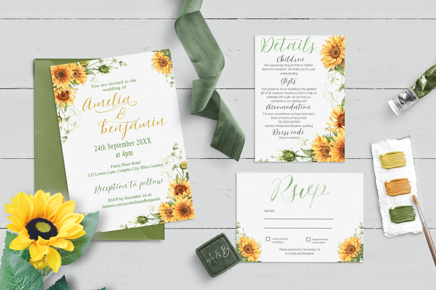 Bright Sunflower Wedding Invitation Suite - Editable Template. Sunshine yellow flowers hints of olive green - invite, rsvp and details cards