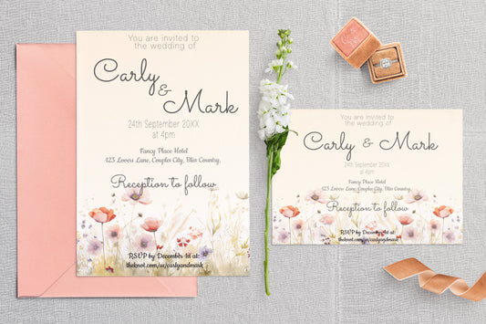 Colourful Wild Bloom Wedding Invitation Suite - Editable Template. Wildflower theme in yellow, orange, pink - invite, rsvp and details cards