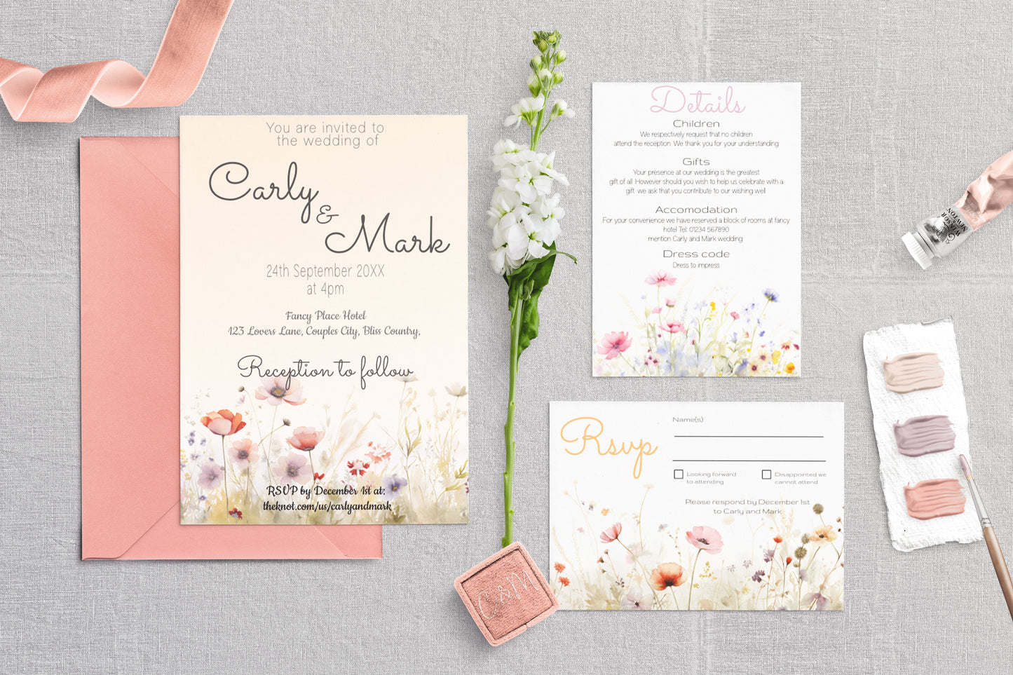 Colourful Wild Bloom Wedding Invitation Suite - Editable Template. Wildflower theme in yellow, orange, pink - invite, rsvp and details cards