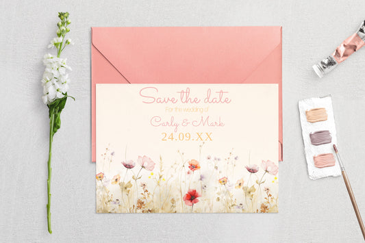 Colourful Wild Bloom Wedding Save the date card - Editable Template. Beautiful wildflower designs in shades of yellow, orange and pink - 7x5