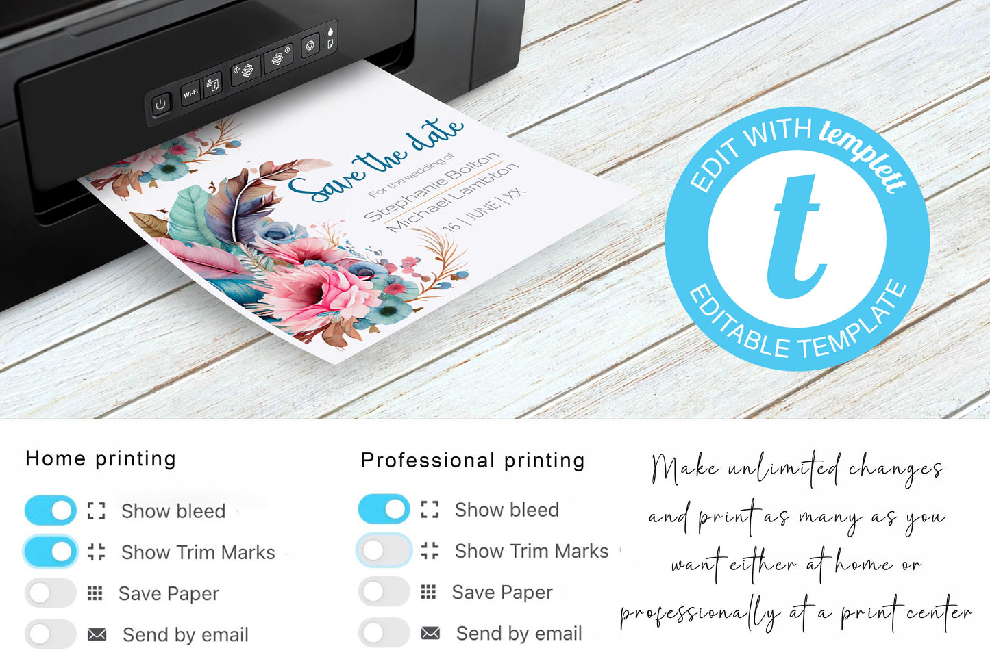 Colourful Feather and Floral Wedding Save the Date card - Editable Template. Tones of teal, magenta, turquoise - 7x5