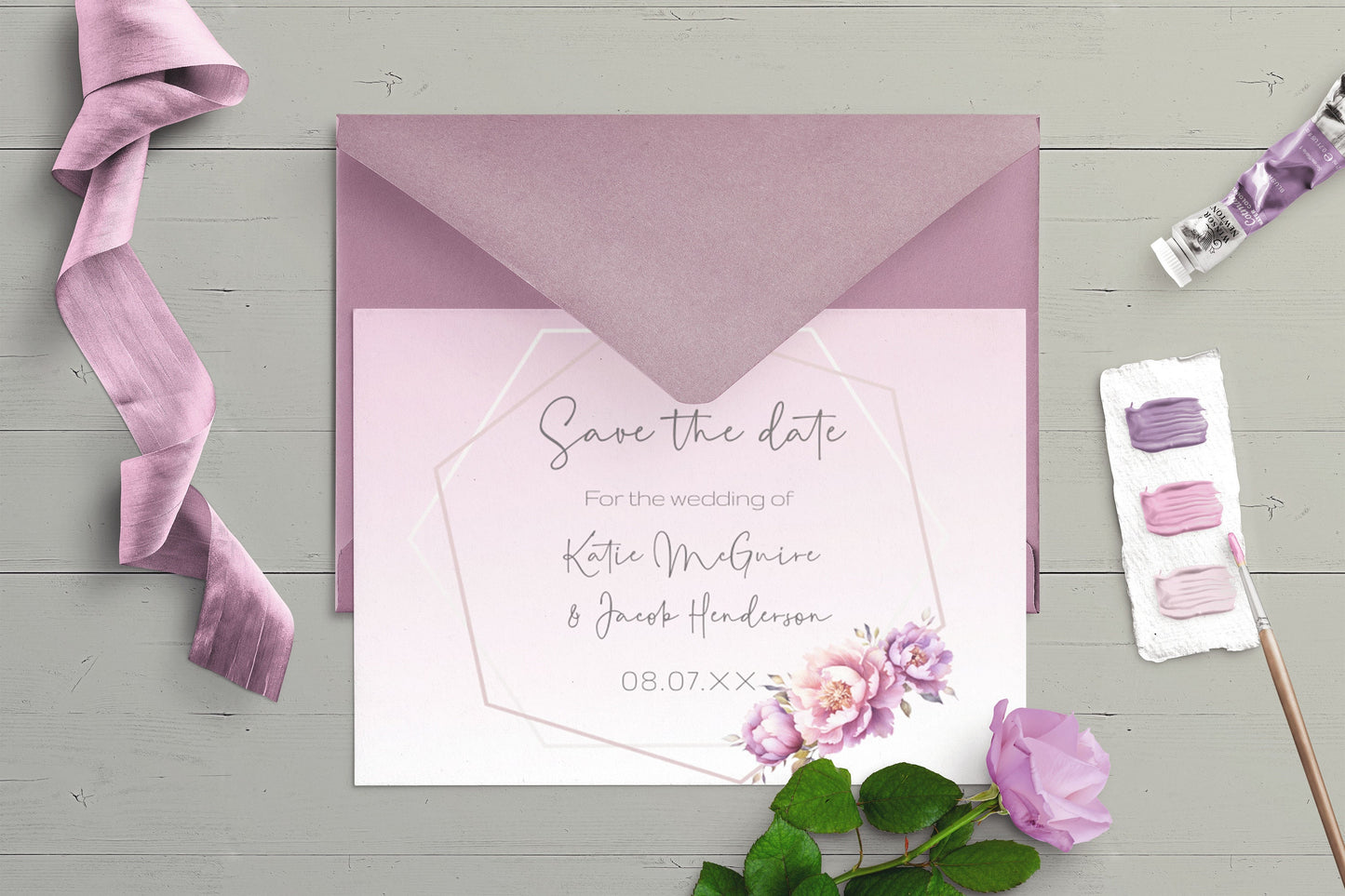 Lilac Flowers in Decorative Frames Wedding Save the Date card - Editable Template. Lilac, pinks in ombre tones - 7x5