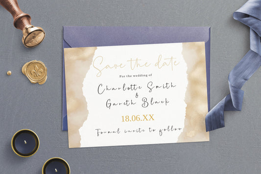 Golden shimmer Wedding Save the Date card - Editable Template. Glistening stationary in shimmering gold  - 7x5