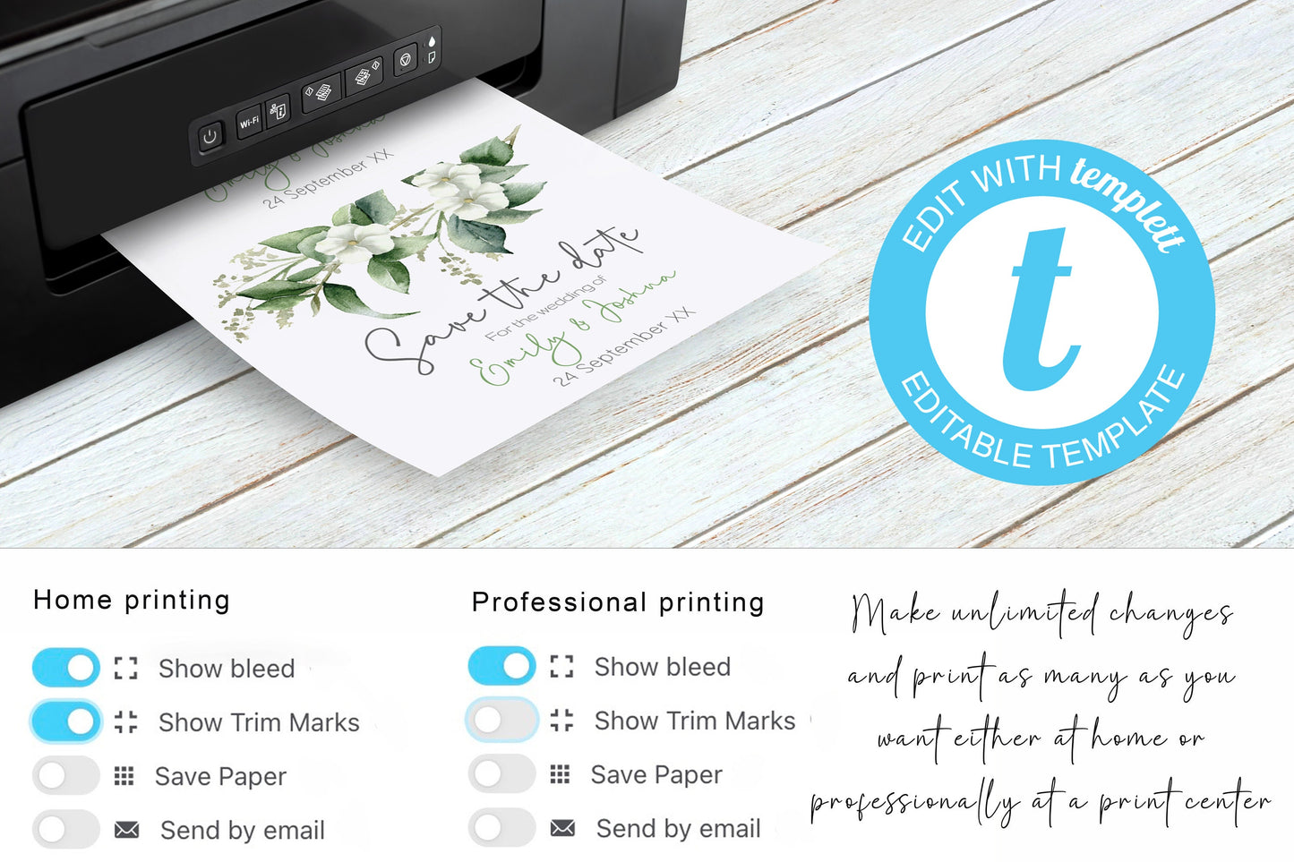 Eucalyptus, White Floral Wedding Save the Date card - Editable Template. Beautiful understated botanical theme - 7x5