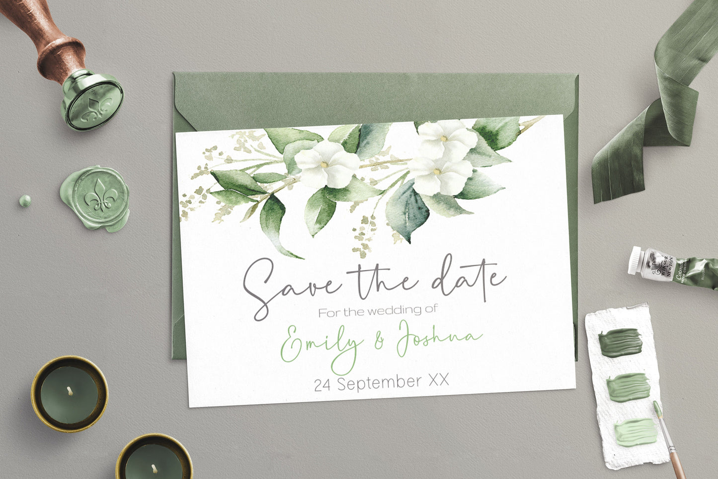 Eucalyptus, White Floral Wedding Save the Date card - Editable Template. Beautiful understated botanical theme - 7x5