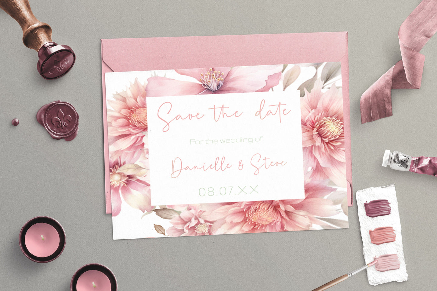 Blush pink Wedding Save the Date card  - Editable Template. Beautifully subtle romantic floral design - 7x5