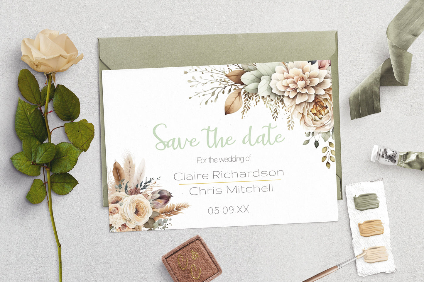 Boho Blooms wedding Save the date card - Editable Template. Rustic Elegance with Bohemian florals and golden feathers - 7x5