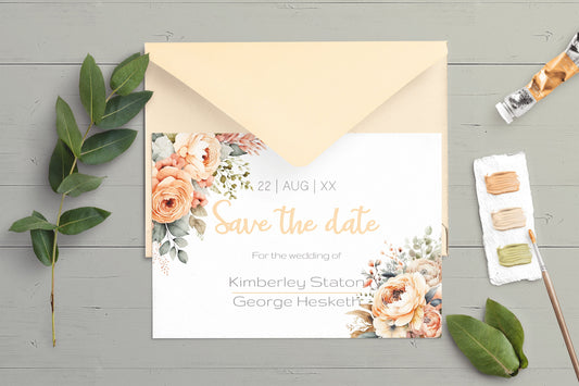 Peach Flowers Wedding Save the date card - Editable Template. Elegant floral designs with hues of oranges and yellows- 7x5