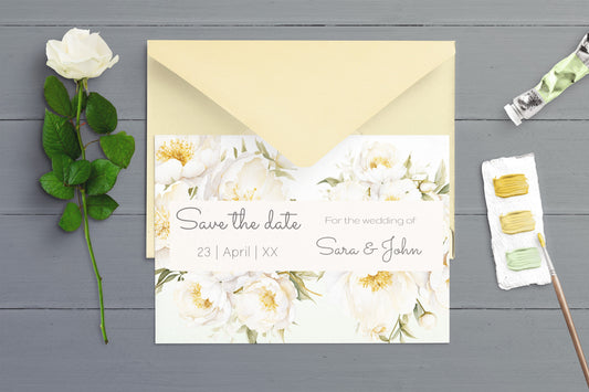 White Peony Wedding Save the date card - Editable Template. Crisp white flowers on refreshing mint background - 7x5