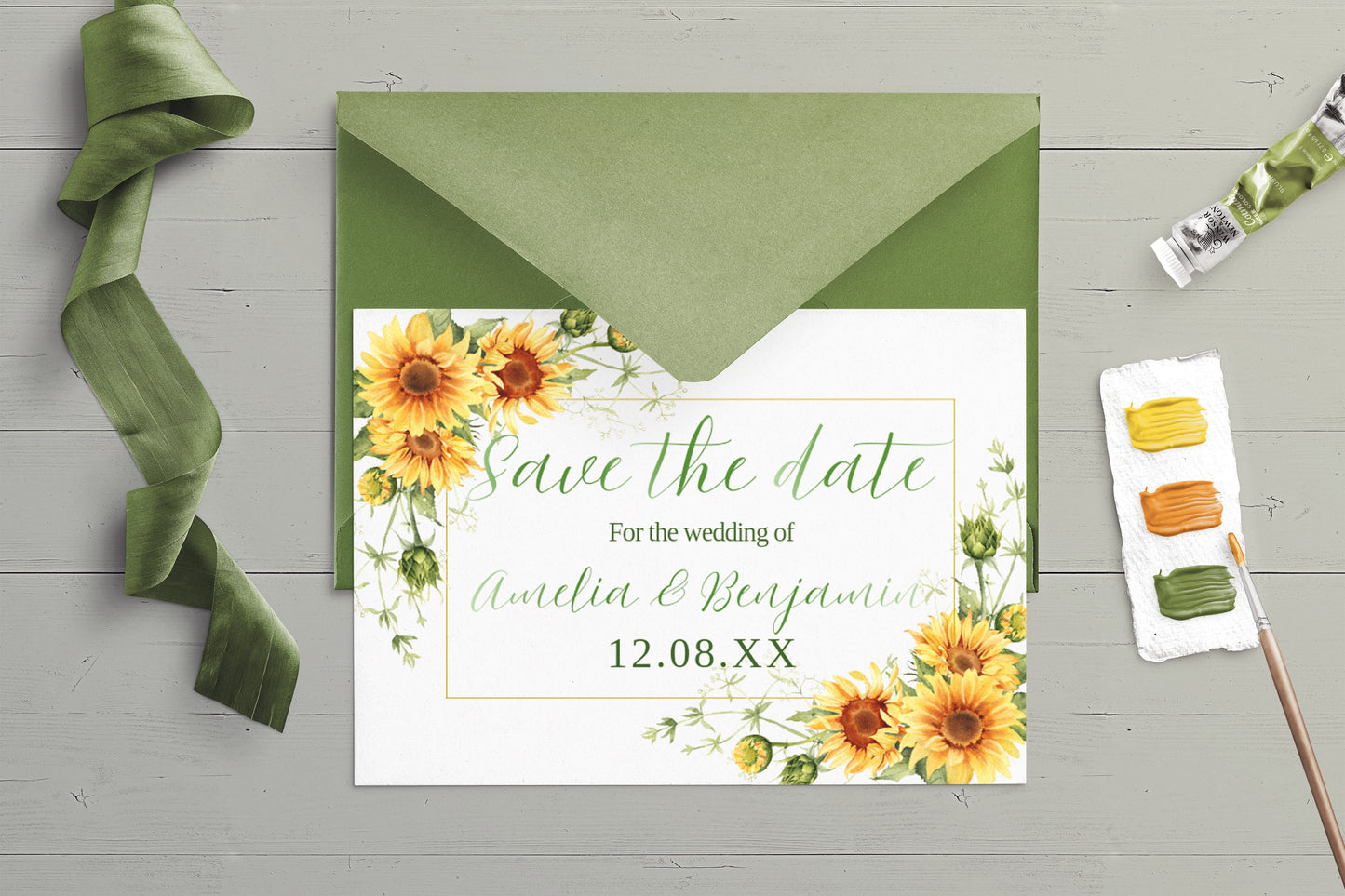 Bright Sunflower Wedding Save the date card - Editable Template. Sunshine yellow flowers hints of olive green - 7x5