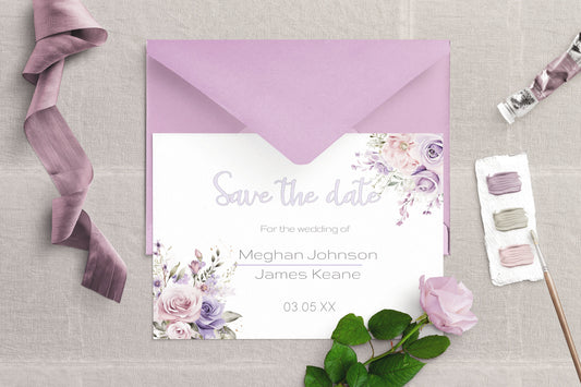 Mauve and White Floral Wedding Save the date card - Editable Template. With shades of beautiful purples - 7x5