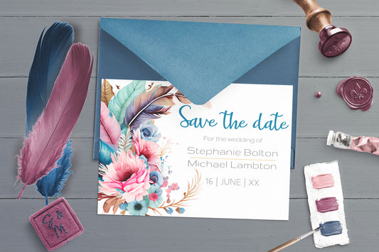 Colourful Feather and Floral Wedding Save the Date card - Editable Template. Tones of teal, magenta, turquoise - 7x5