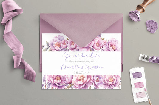 Lilac flower Wedding Save the Date card - Editable Template. Beautiful florals in hues of pinks and purples - 7x5