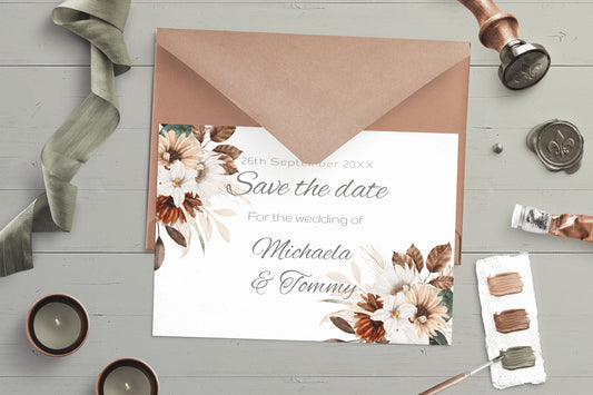 Autumn Elegance Wedding Save the Date card - Editable Template with Golden Browns, Creams, and Forest Greens in 7x5