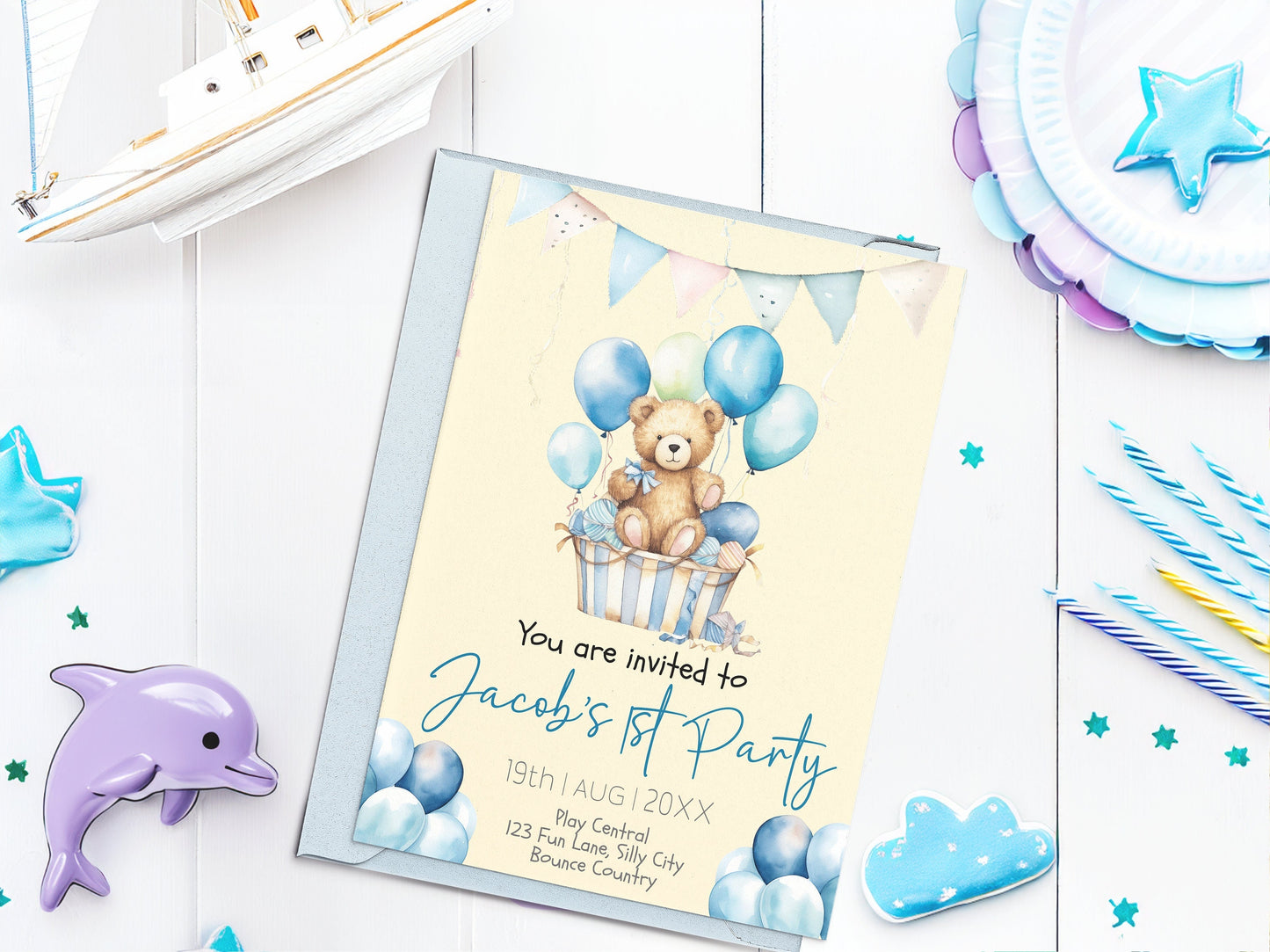 Editable 1st Birthday Invitation Template - Teddy Bear with Blue Balloons on Pale Yellow Card - Personalised and Affordable - 7x5