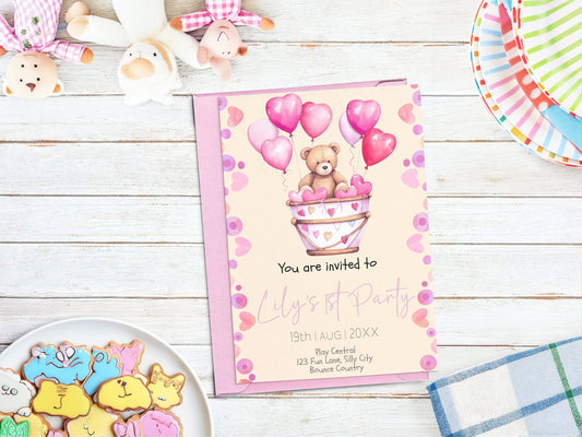 Editable 1st Birthday Invitation Template - Teddy Bear with Pink Balloons on Pale Yellow Card - Personalised and Affordable - 7x5